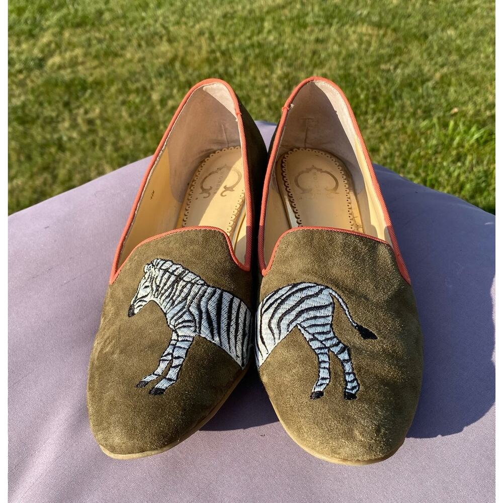 C. Wonder Zebra Embroidered Suede Flats Olive Green Orange Women's size 6.5